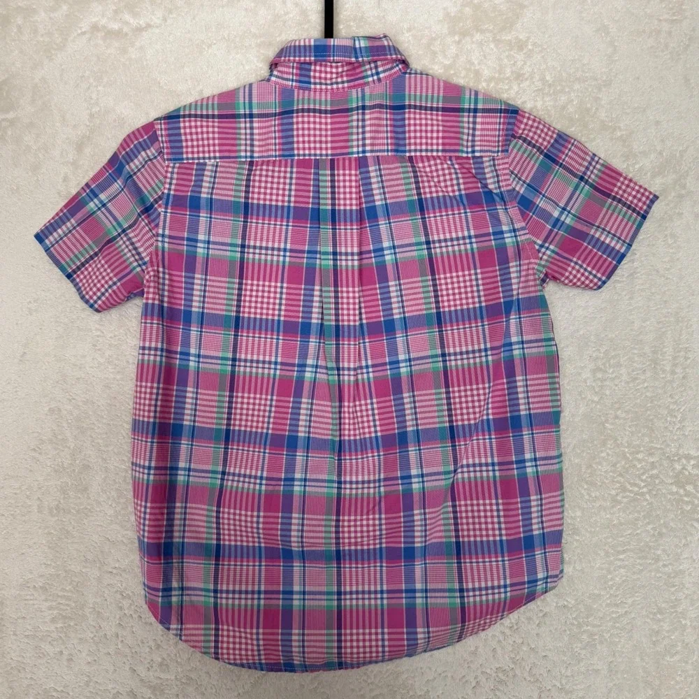 Ralph Lauren Boys Pink Blue Plaid Short Sleeve Button Down Shirt Size 5 Preppy